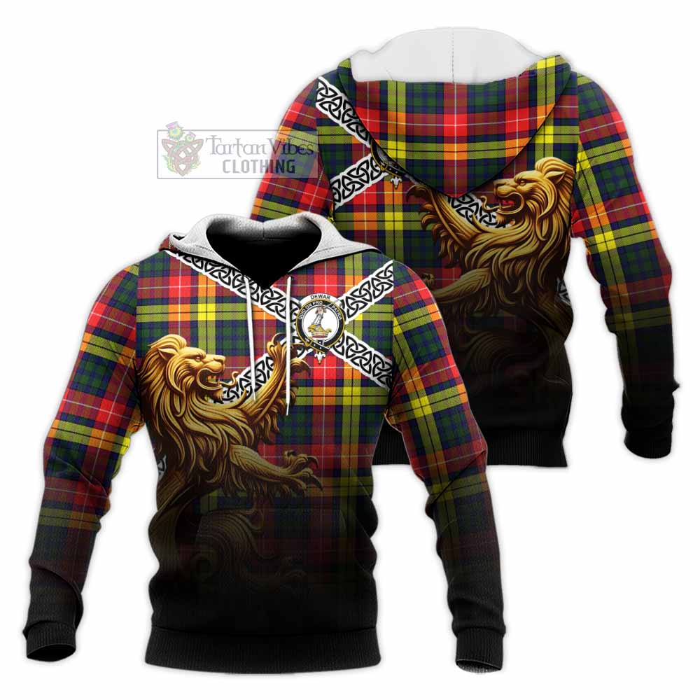Dewar Crest Tartan Knitted Hoodie with Golden Lion Emblem Celtic Style - Tartan Vibes Clothing