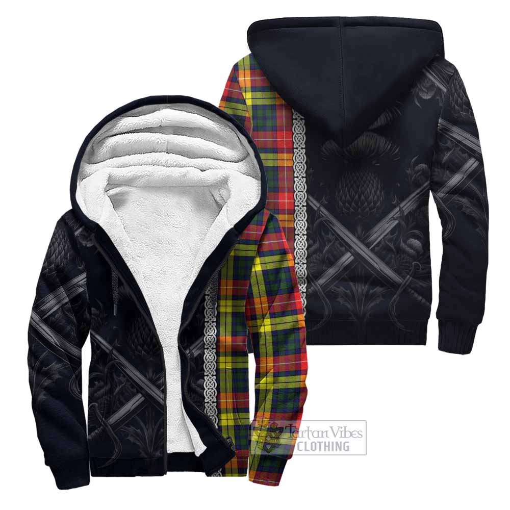 Dewar Tartan Sherpa Hoodie with Family Crest Cross Sword Thistle Celtic Vibes Unisex - Tartan Vibes Clothing