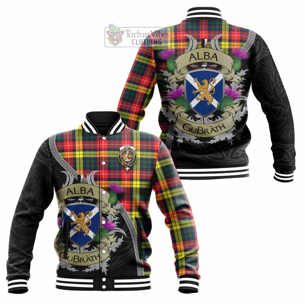 Dewar Tartan Family Crest Baseball Jacket Lion Rampant Royal Thistle Shield Celtic Inspired - Tartan Vibes Clothing