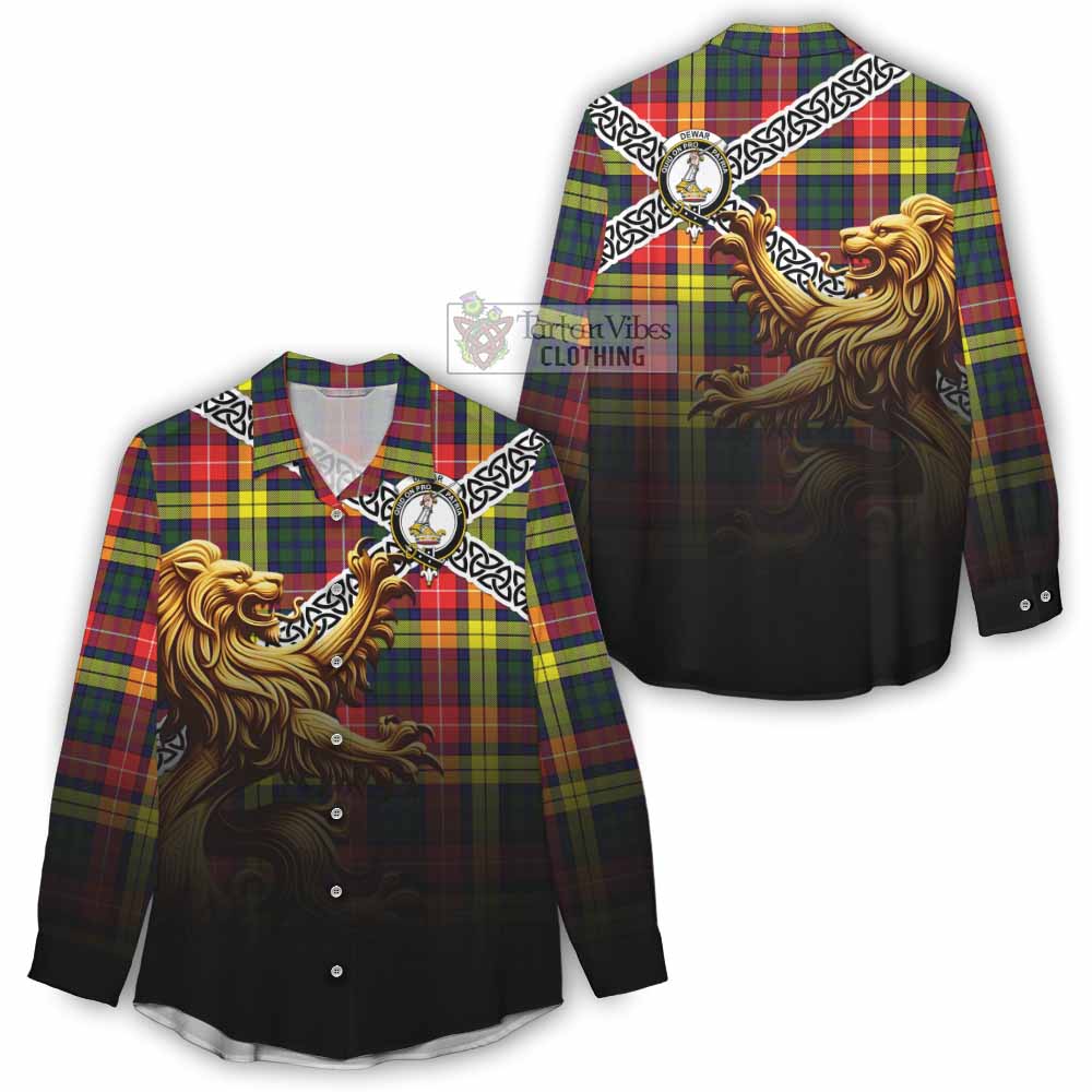 Dewar Crest Tartan Women's Casual Shirt with Golden Lion Emblem Celtic Style - Tartan Vibes Clothing