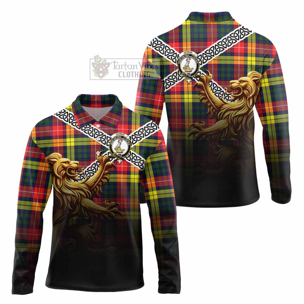 Dewar Crest Tartan Long Sleeve Polo Shirt with Golden Lion Emblem Celtic Style - Tartan Vibes Clothing