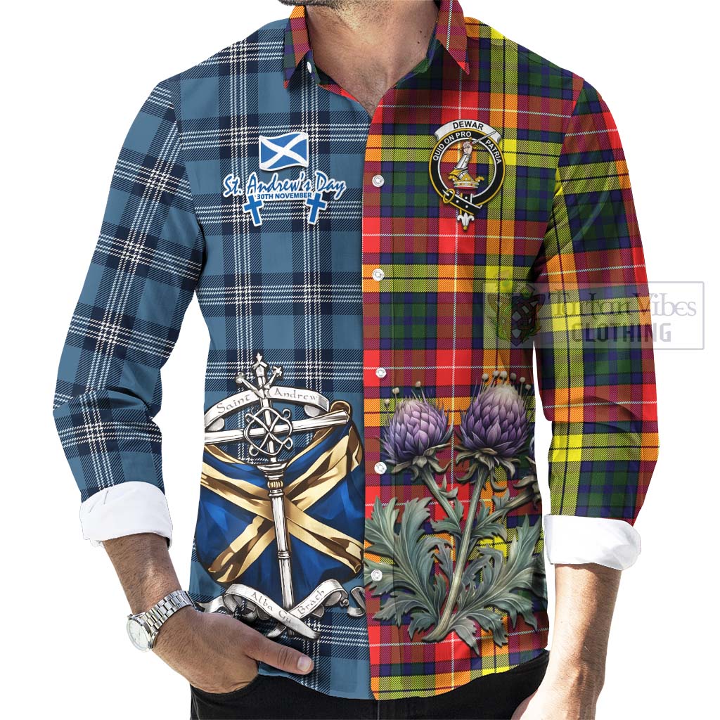 Dewar Tartan Long Sleeve Button Shirt Happy St. Andrew's Day Half Tartan Style - Tartan Vibes Clothing