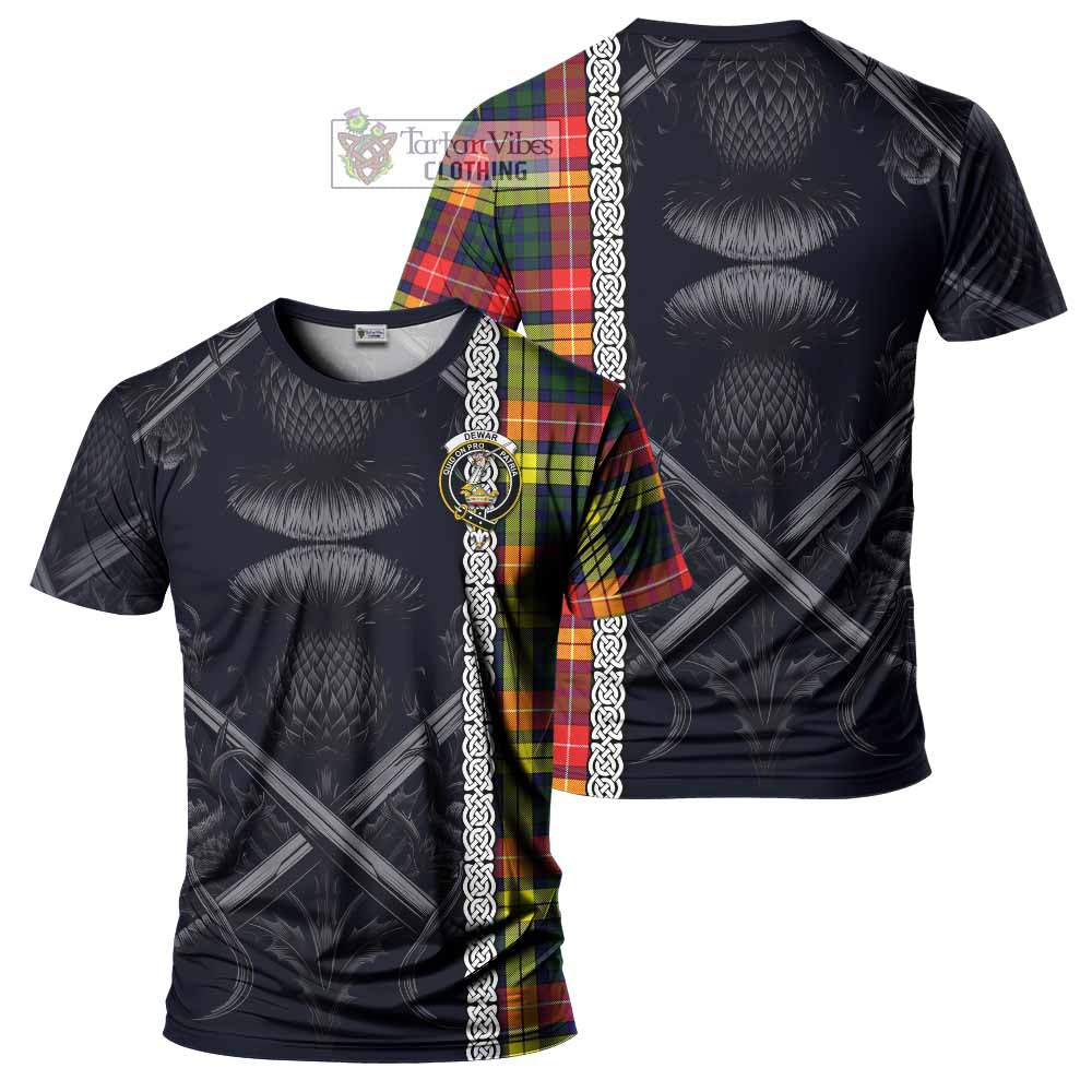 Dewar Tartan T-Shirt with Family Crest Cross Sword Thistle Celtic Vibes - Tartan Vibes Clothing