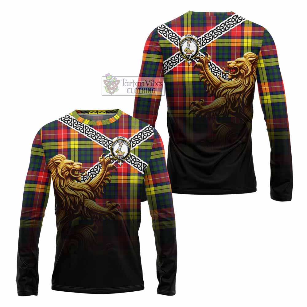 Dewar Crest Tartan Long Sleeve T-Shirt with Golden Lion Emblem Celtic Style - Tartan Vibes Clothing