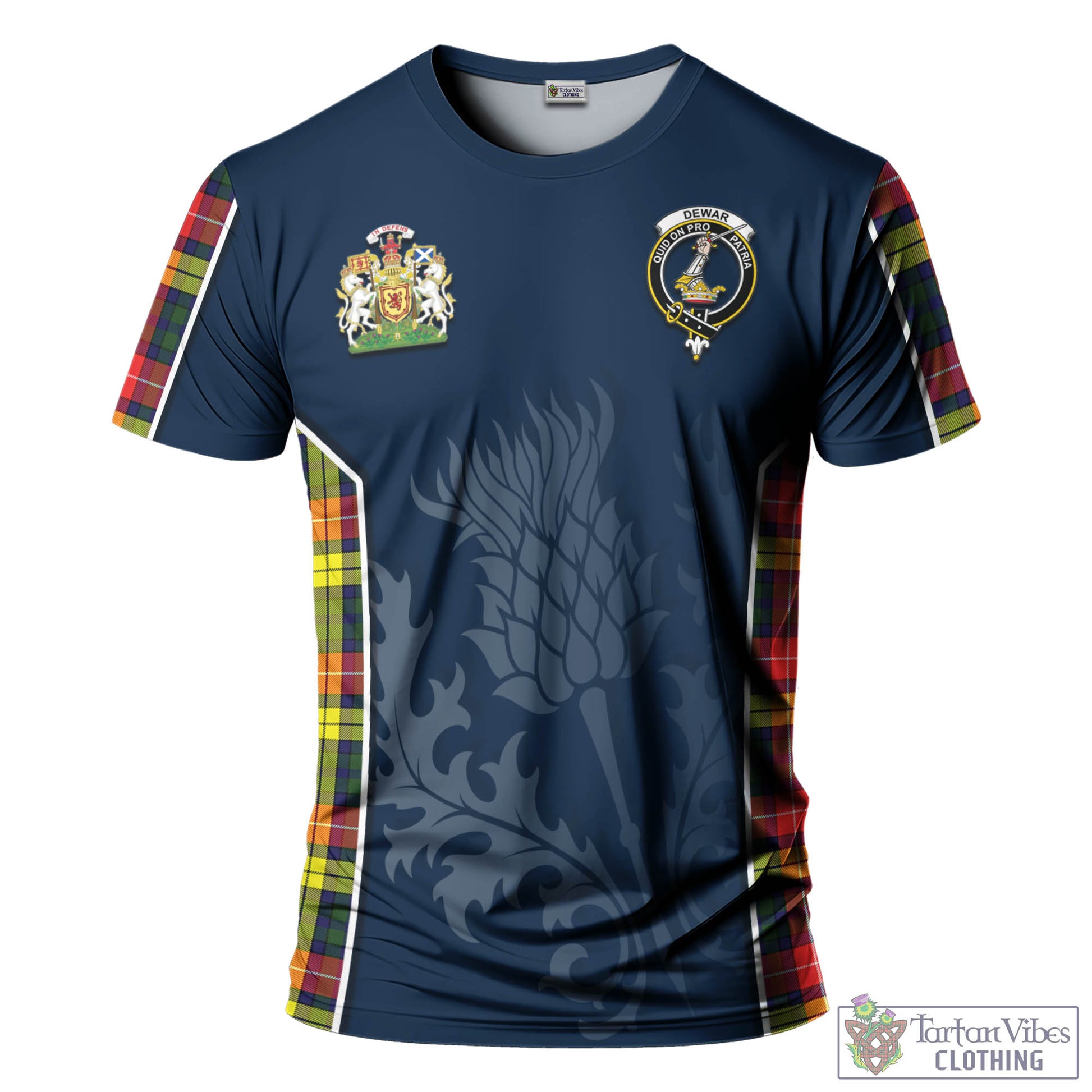 Dewar Tartan T-Shirt with Family Crest and Scottish Thistle Vibes Sport Style - Tartan Vibes Clothing