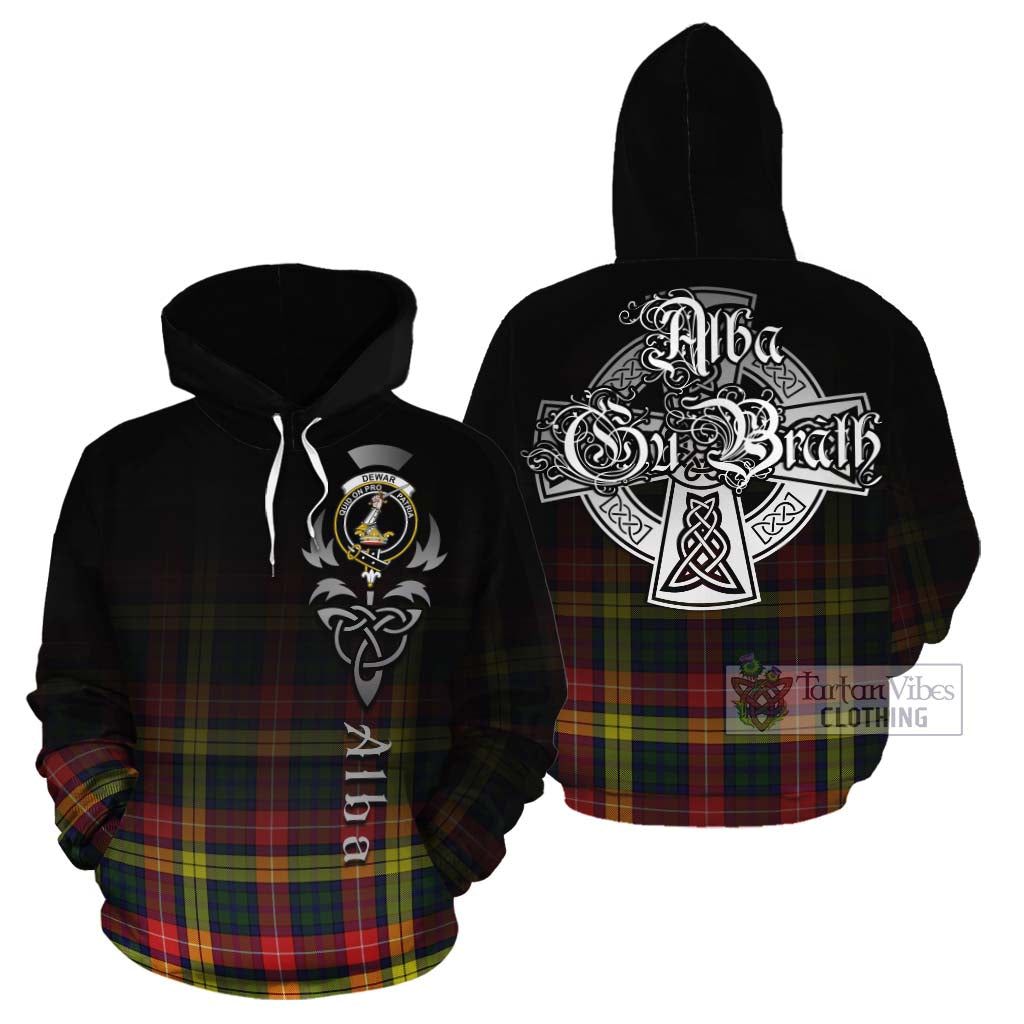 Tartan Vibes Clothing Dewar Tartan Cotton Hoodie Featuring Alba Gu Brath Family Crest Celtic Inspired