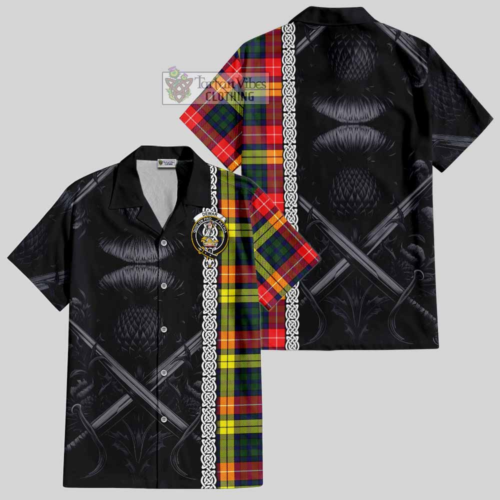 Dewar Tartan Hawaiian Shirt with Family Crest Cross Sword Thistle Celtic Vibes - Tartan Vibes Clothing