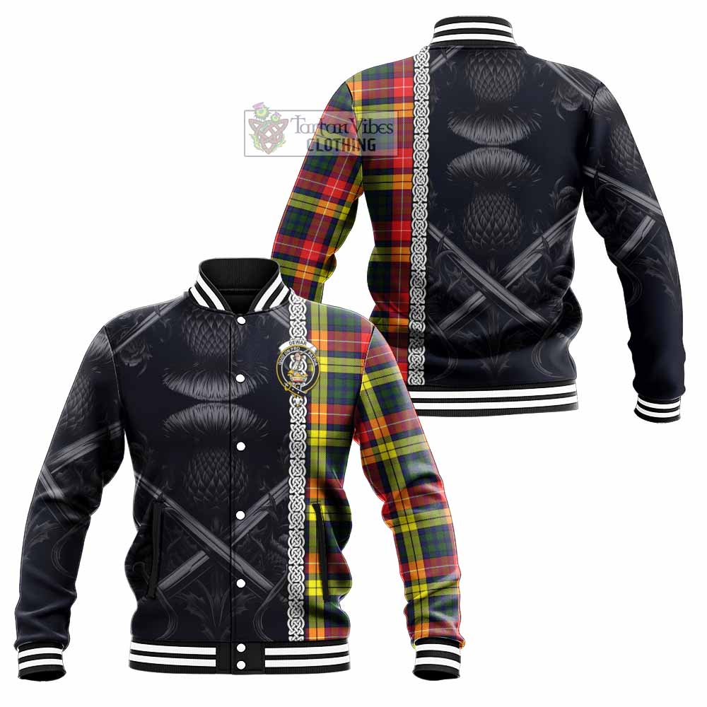 Dewar Tartan Baseball Jacket with Family Crest Cross Sword Thistle Celtic Vibes - Tartan Vibes Clothing