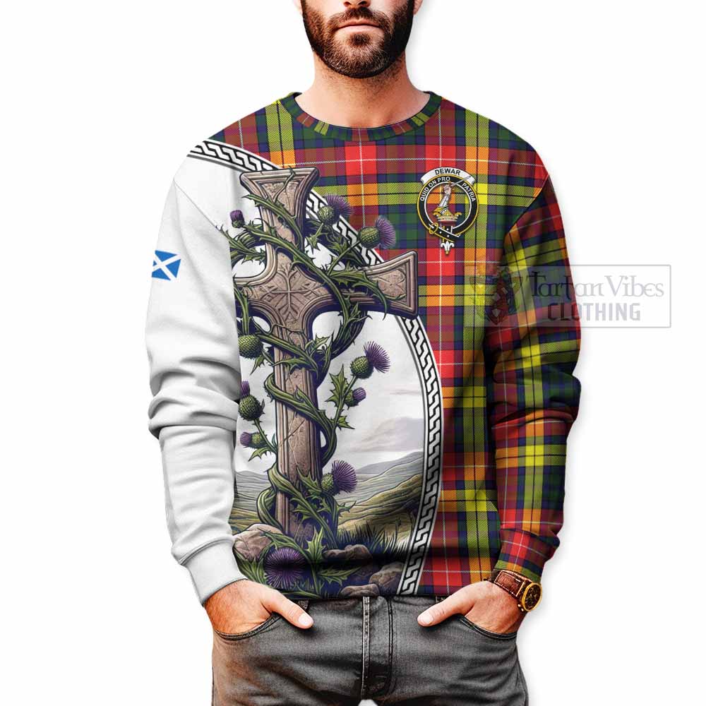 Dewar Tartan Sweatshirt with Family Crest and St. Andrew's Cross Accented by Thistle Vines - Tartan Vibes Clothing