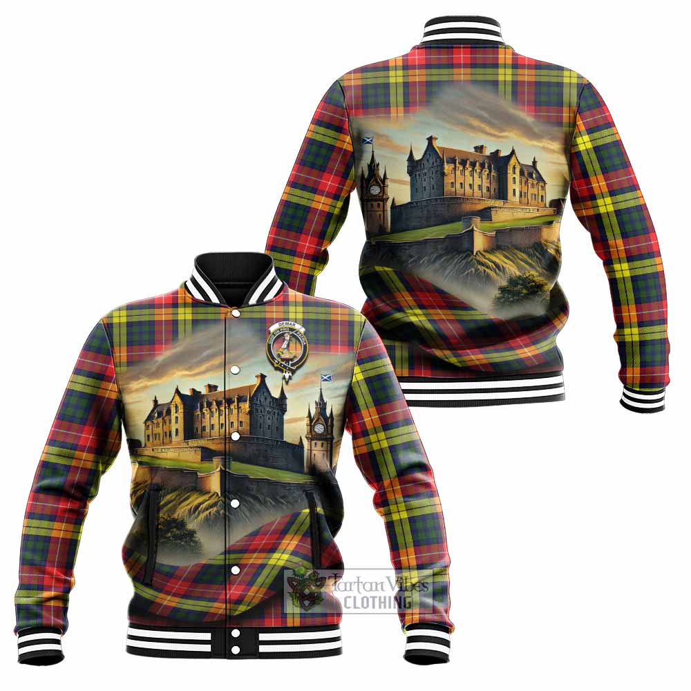 Dewar Tartan Family Crest Baseball Jacket with Scottish Ancient Castle Style - Tartan Vibes Clothing