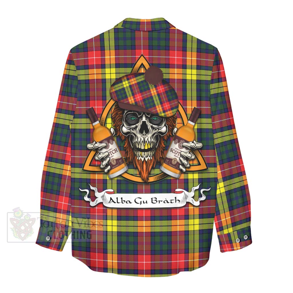 Tartan Vibes Clothing Dewar Tartan Women's Casual Shirt with Family Crest and Bearded Skull Holding Bottles of Whiskey