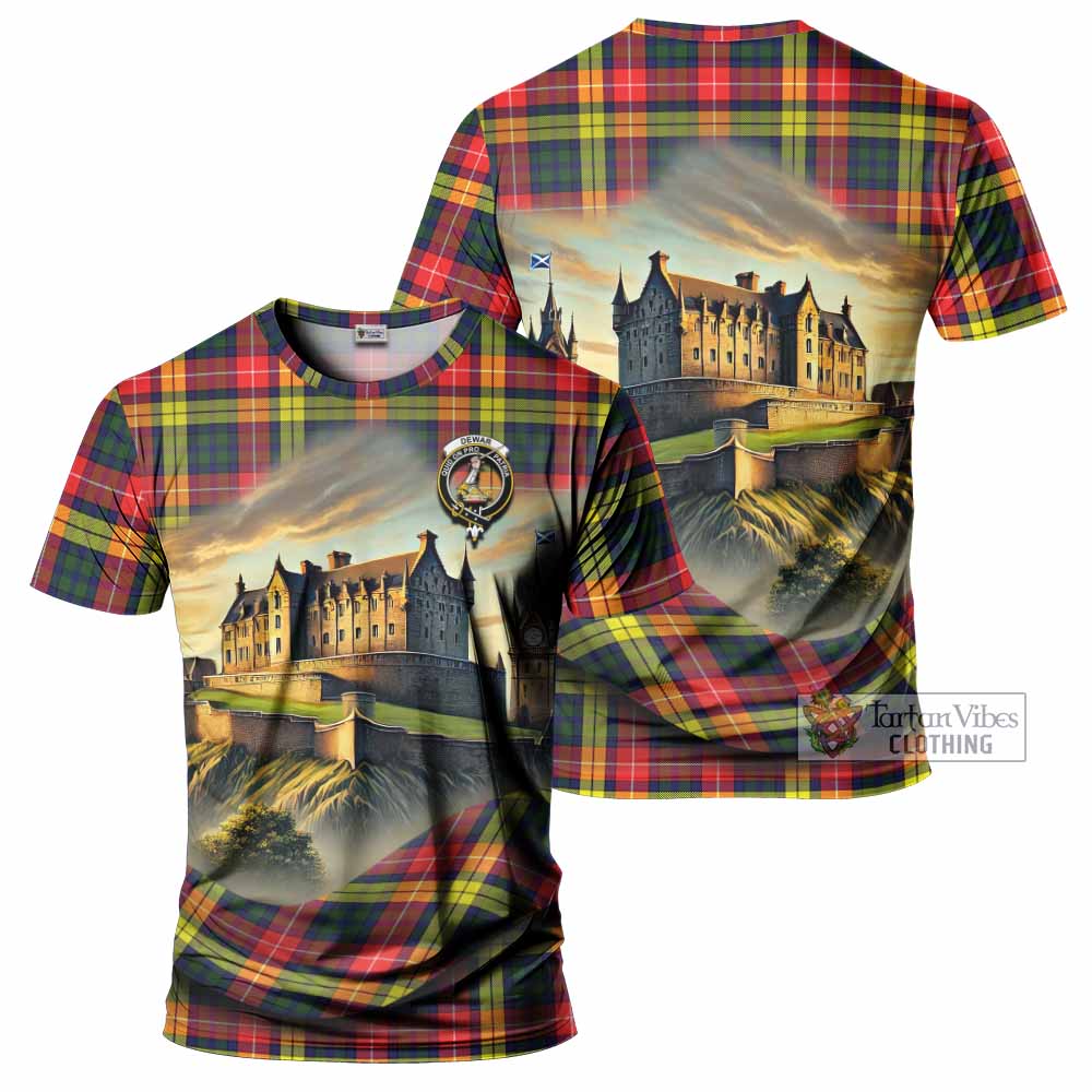 Dewar Tartan Family Crest T-Shirt with Scottish Ancient Castle Style - Tartan Vibes Clothing