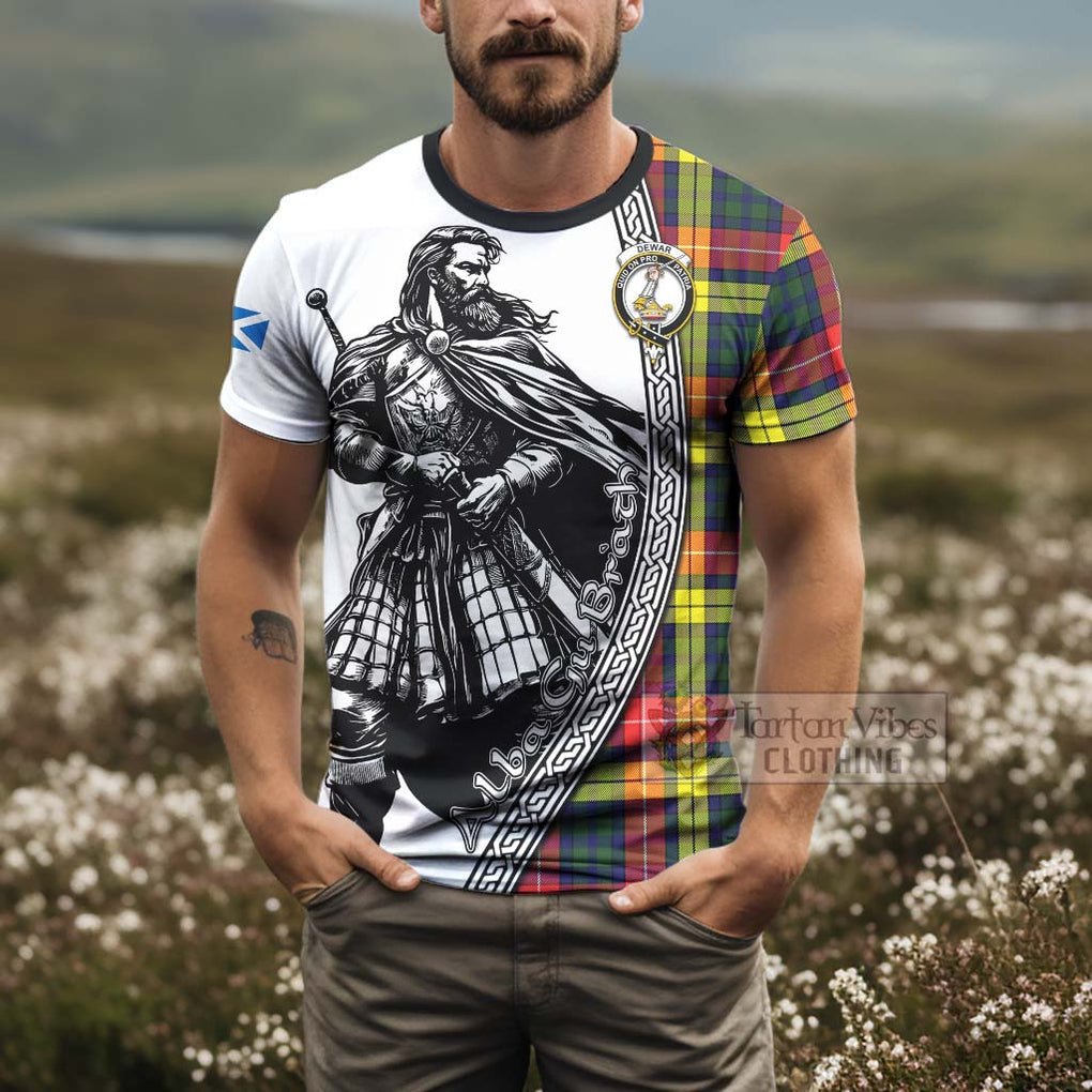 Dewar Tartan Clan Crest T-Shirt with Highlander Warrior Celtic Style - Tartan Vibes Clothing