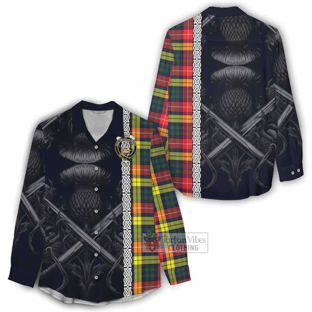 Dewar Tartan Women's Casual Shirt with Family Crest Cross Sword Thistle Celtic Vibes - Tartan Vibes Clothing