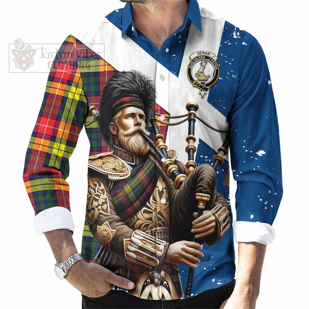 Dewar Tartan Long Sleeve Button Shirt with Family Crest Scottish Bagpiper Vibes - Tartan Vibes Clothing