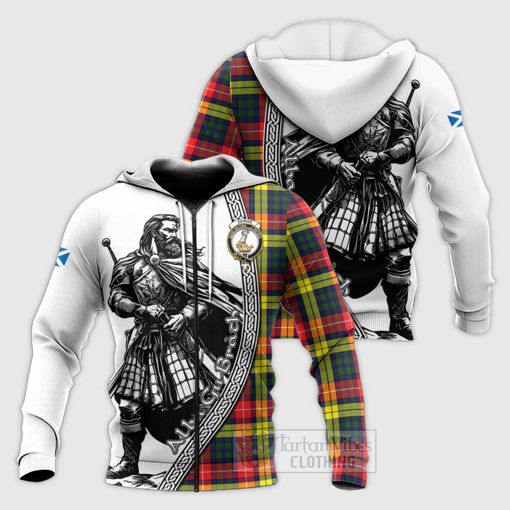 Dewar Tartan Clan Crest Knitted Hoodie with Highlander Warrior Celtic Style Unisex Knitted Zip Hoodie - Tartan Vibes Clothing