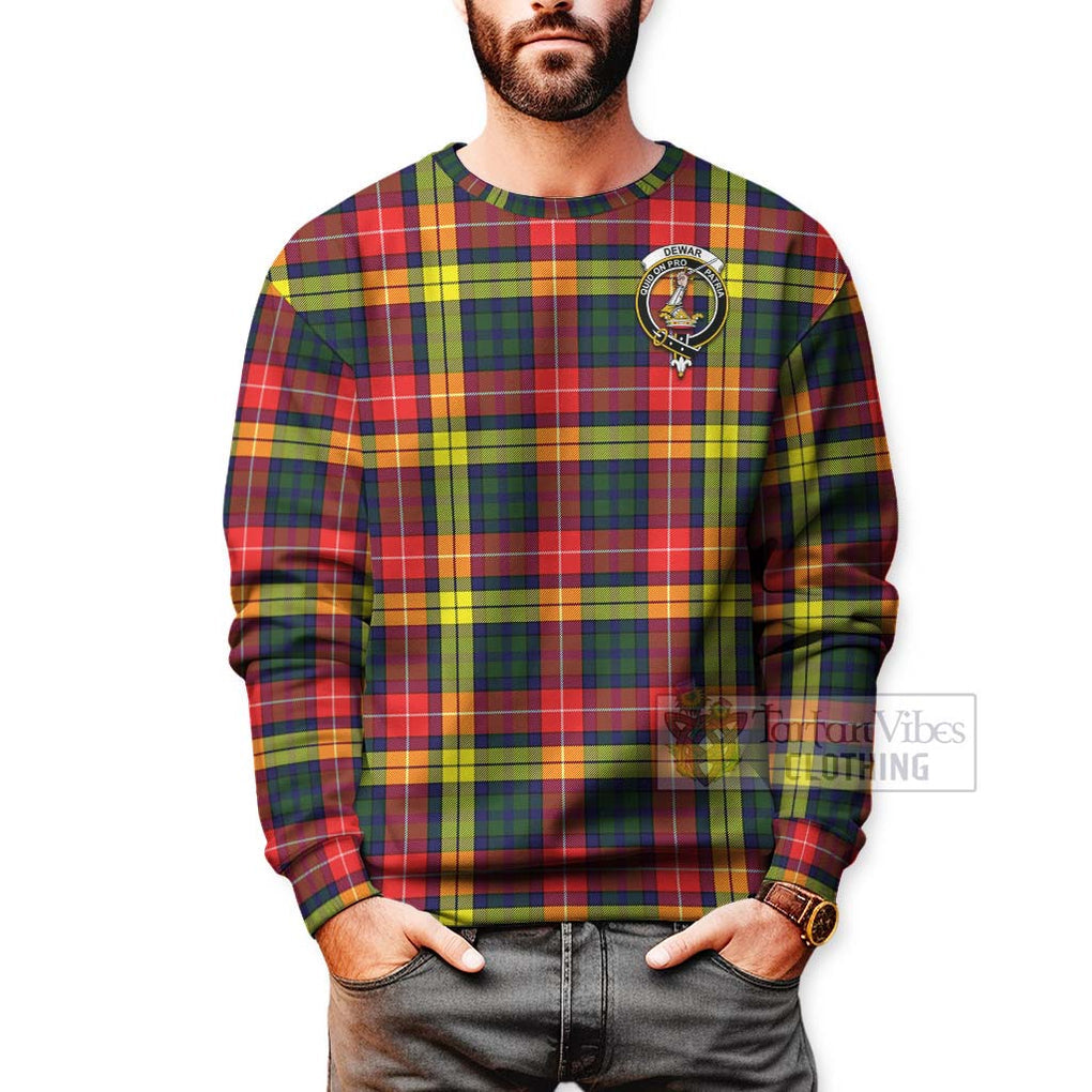 Dewar Tartan Sweatshirt with Family Crest and Bearded Skull Holding Bottles of Whiskey - Tartan Vibes Clothing