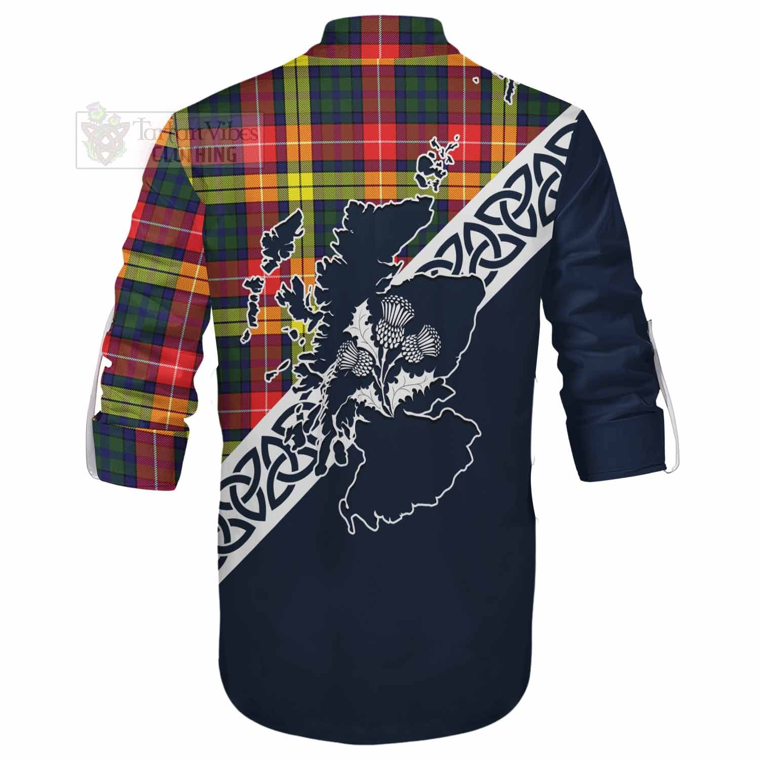 Dewar Tartan Ghillie Kilt Shirt Featuring Thistle and Scotland Map - Tartan Vibes Clothing