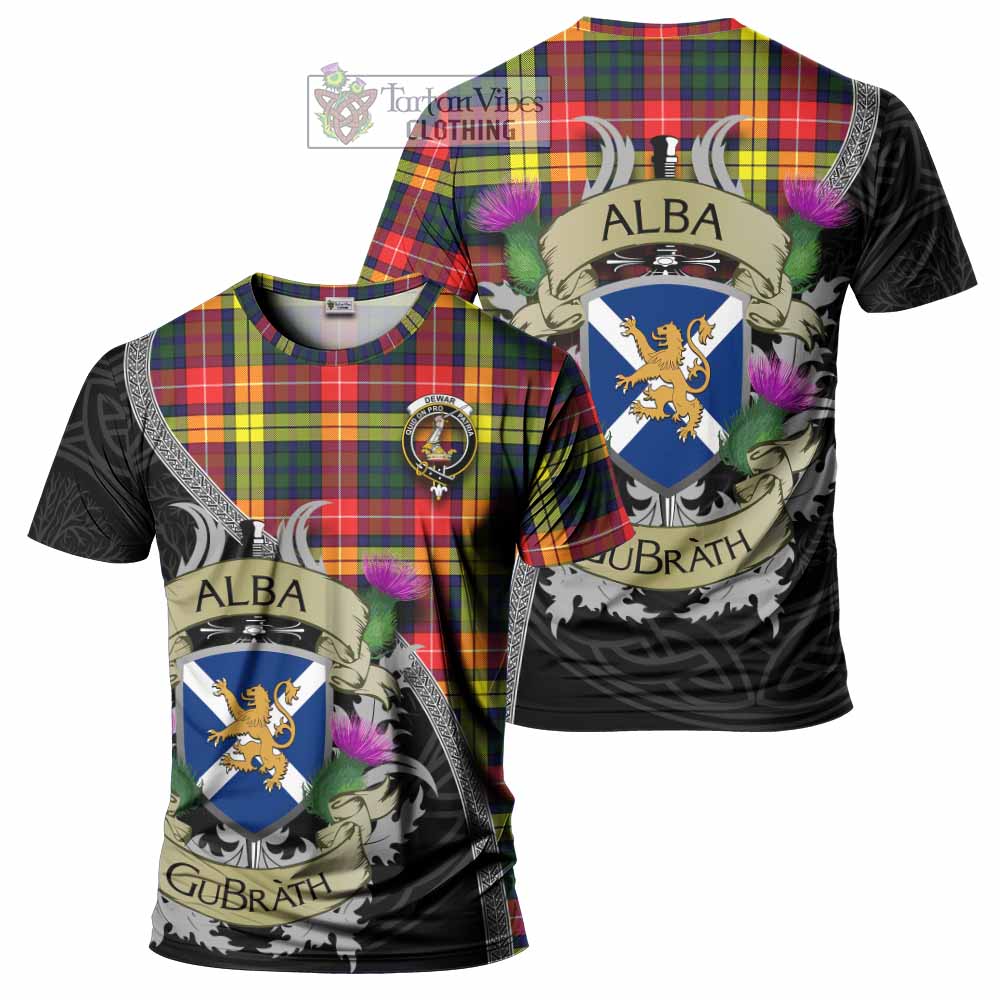 Dewar Tartan Family Crest T-Shirt Lion Rampant Royal Thistle Shield Celtic Inspired - Tartan Vibes Clothing