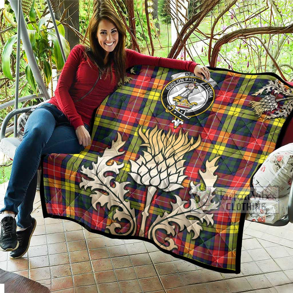 Tartan Vibes Clothing Dewar Tartan Quilt with Family Crest and Golden Thistle Style