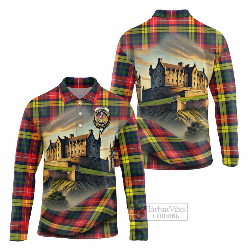 Dewar Tartan Family Crest Long Sleeve Polo Shirt with Scottish Ancient Castle Style - Tartan Vibes Clothing
