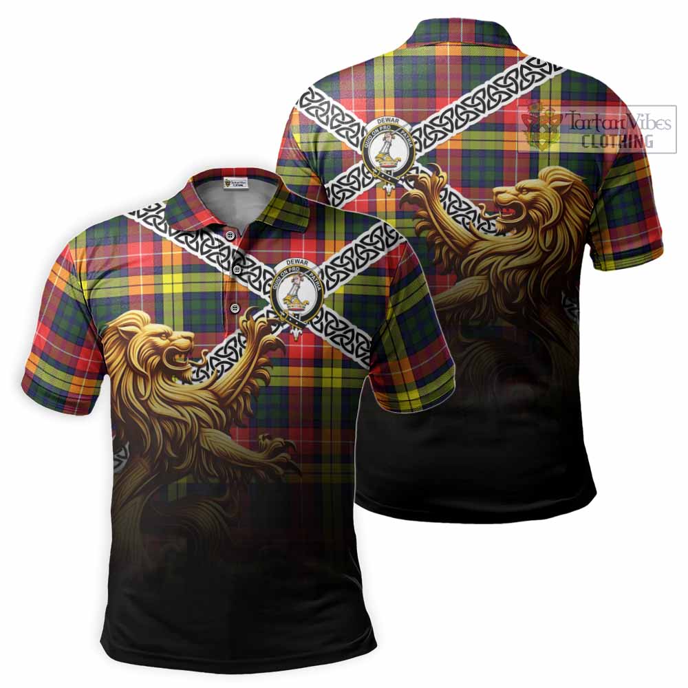 Dewar Crest Tartan Polo Shirt with Golden Lion Emblem Celtic Style - Tartan Vibes Clothing