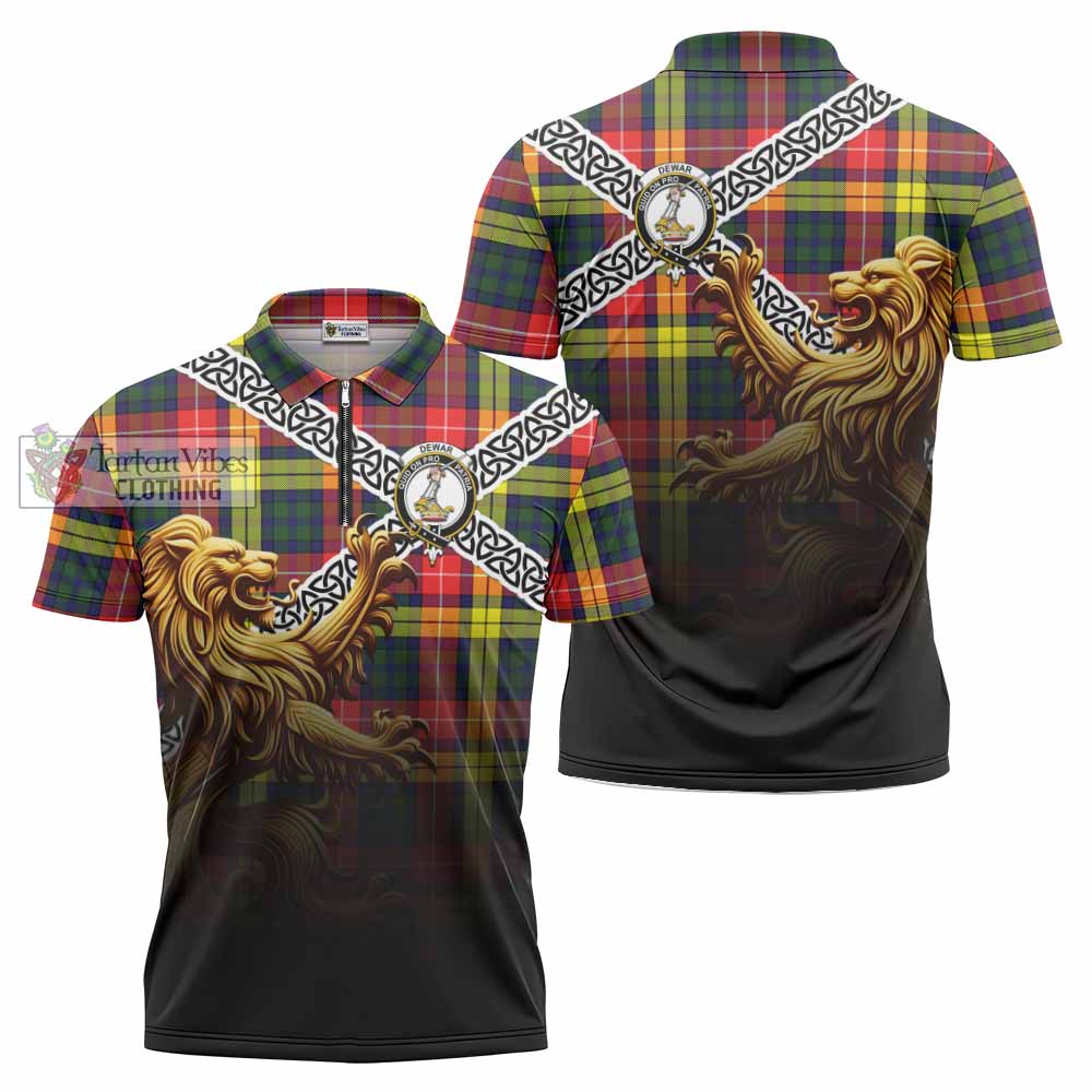 Dewar Crest Tartan Zipper Polo Shirt with Golden Lion Emblem Celtic Style - Tartan Vibes Clothing