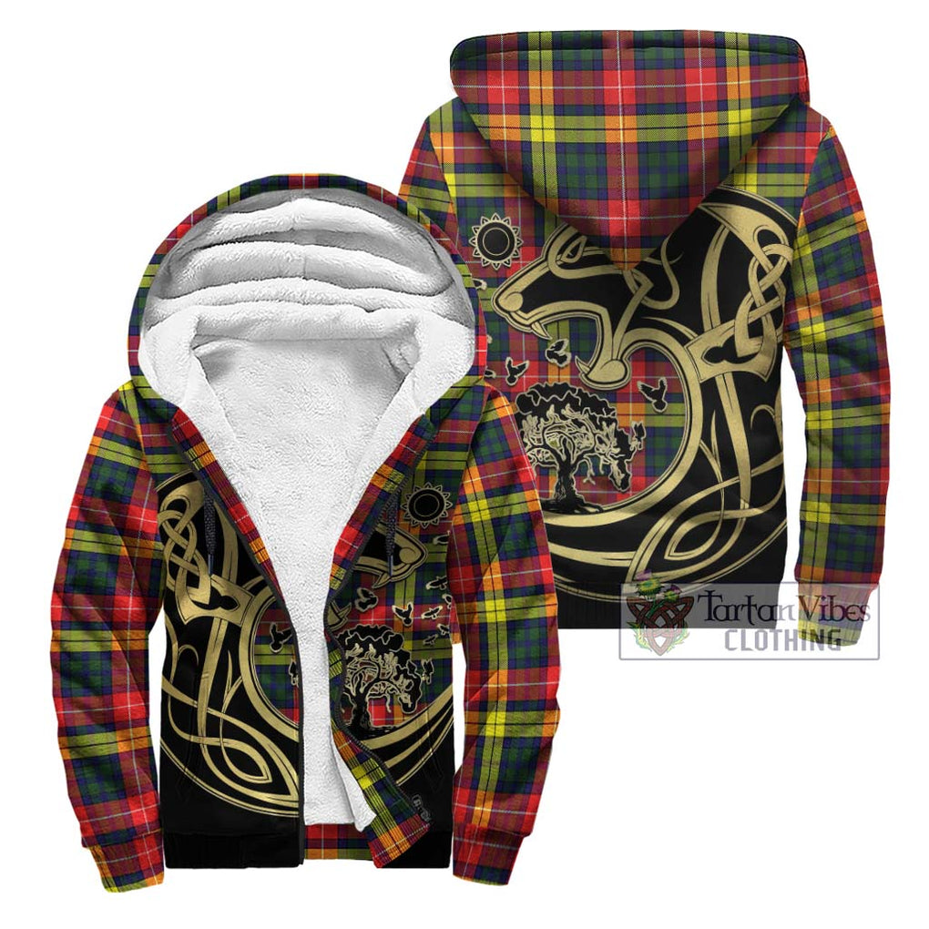 Dewar Tartan Sherpa Hoodie with Family Crest Celtic Wolf Style Unisex - Tartan Vibes Clothing