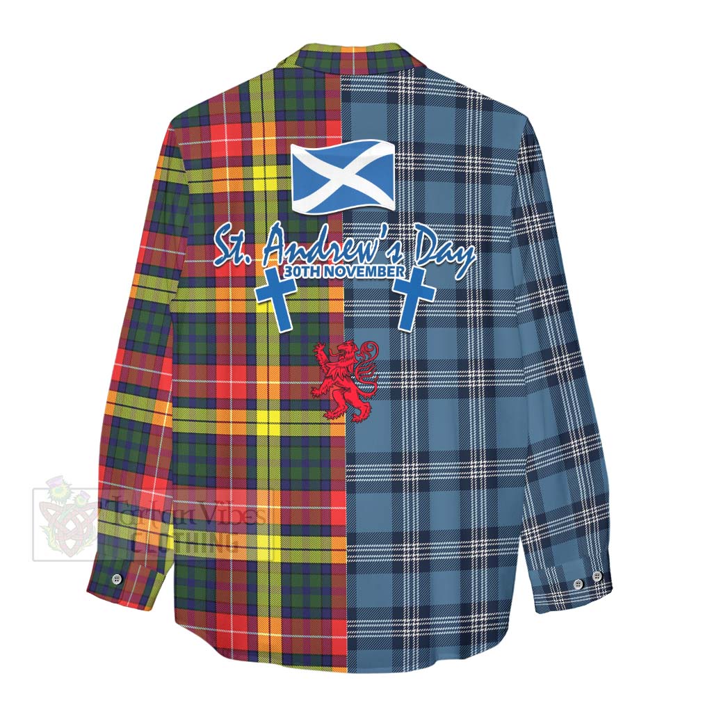 Dewar Tartan Women's Casual Shirt Happy St. Andrew's Day Half Tartan Style - Tartan Vibes Clothing