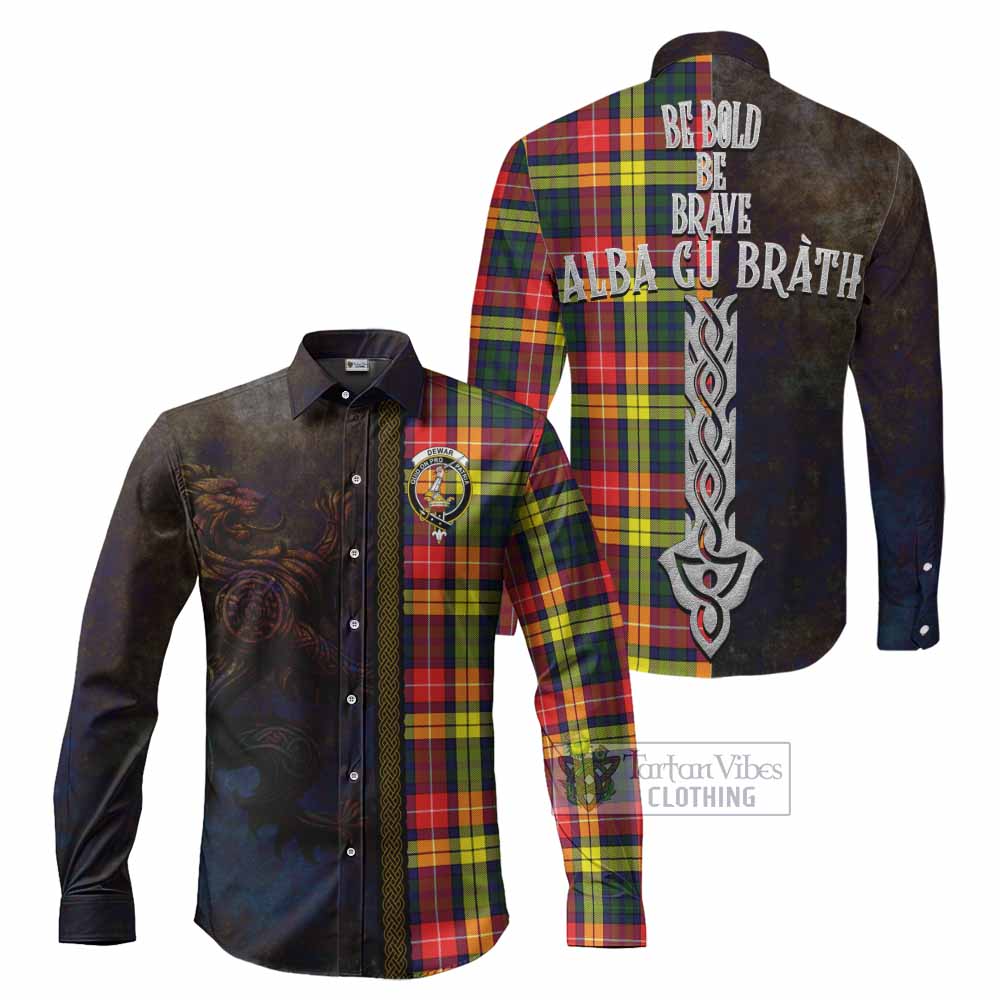 Dewar Tartan Family Crest Long Sleeve Button Shirt Alba Gu Brath Be Brave Lion Ancient Style - Tartan Vibes Clothing