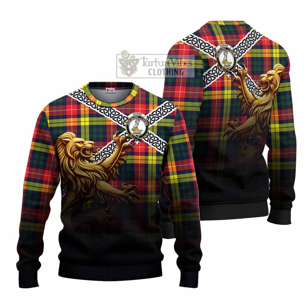 Dewar Crest Tartan Knitted Sweater with Golden Lion Emblem Celtic Style - Tartan Vibes Clothing