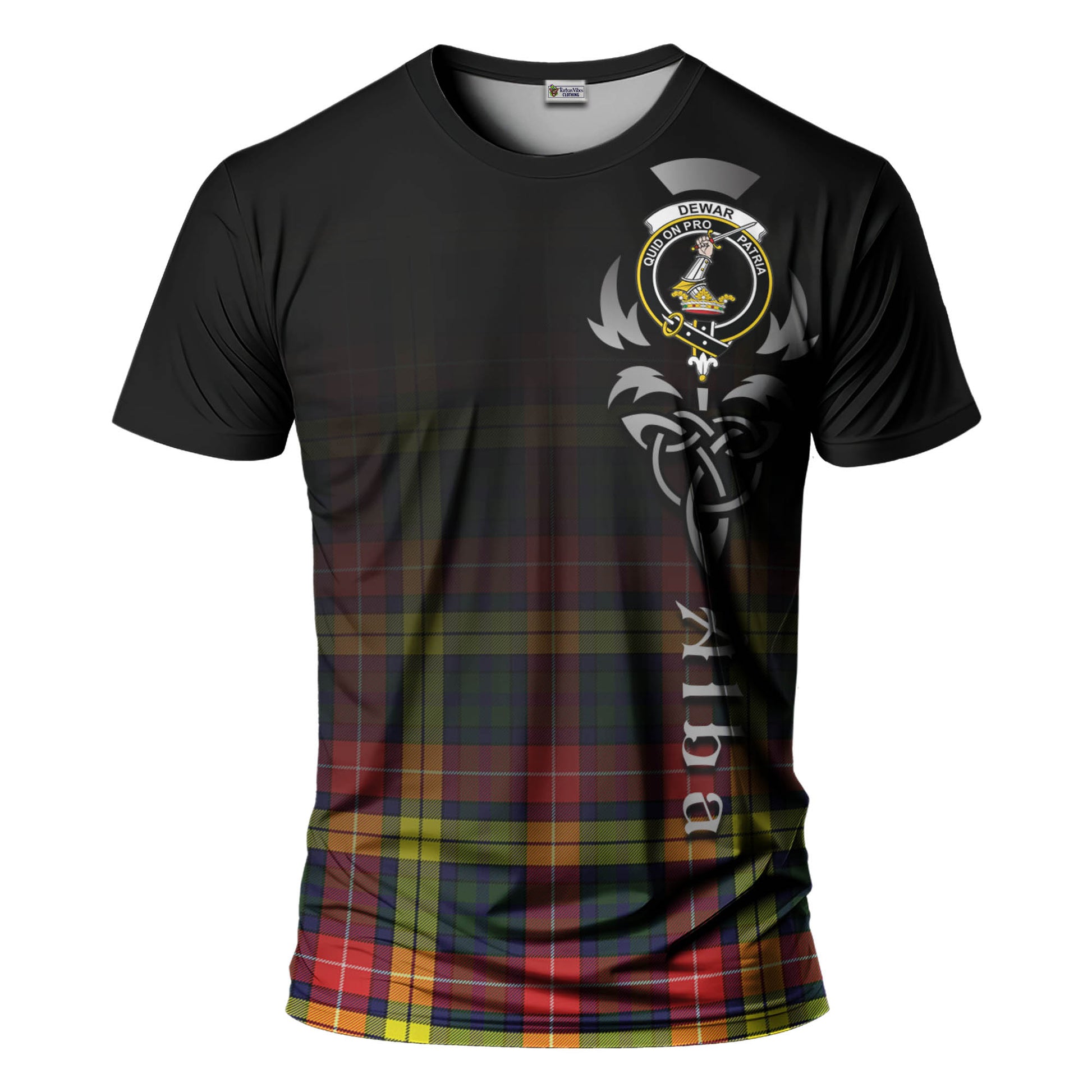 Tartan Vibes Clothing Dewar Tartan T-Shirt Featuring Alba Gu Brath Family Crest Celtic Inspired