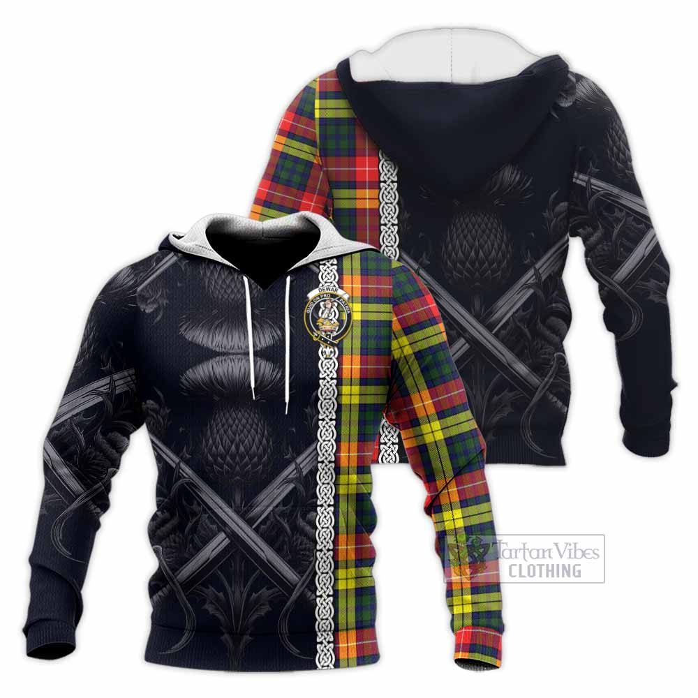 Dewar Tartan Knitted Hoodie with Family Crest Cross Sword Thistle Celtic Vibes - Tartan Vibes Clothing