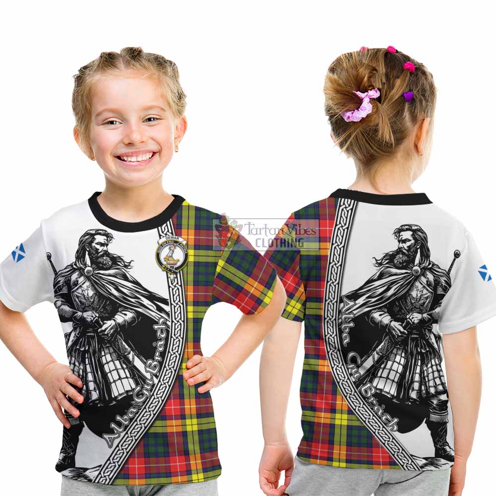 Dewar Tartan Clan Crest Kid T-Shirt with Highlander Warrior Celtic Style - Tartan Vibes Clothing