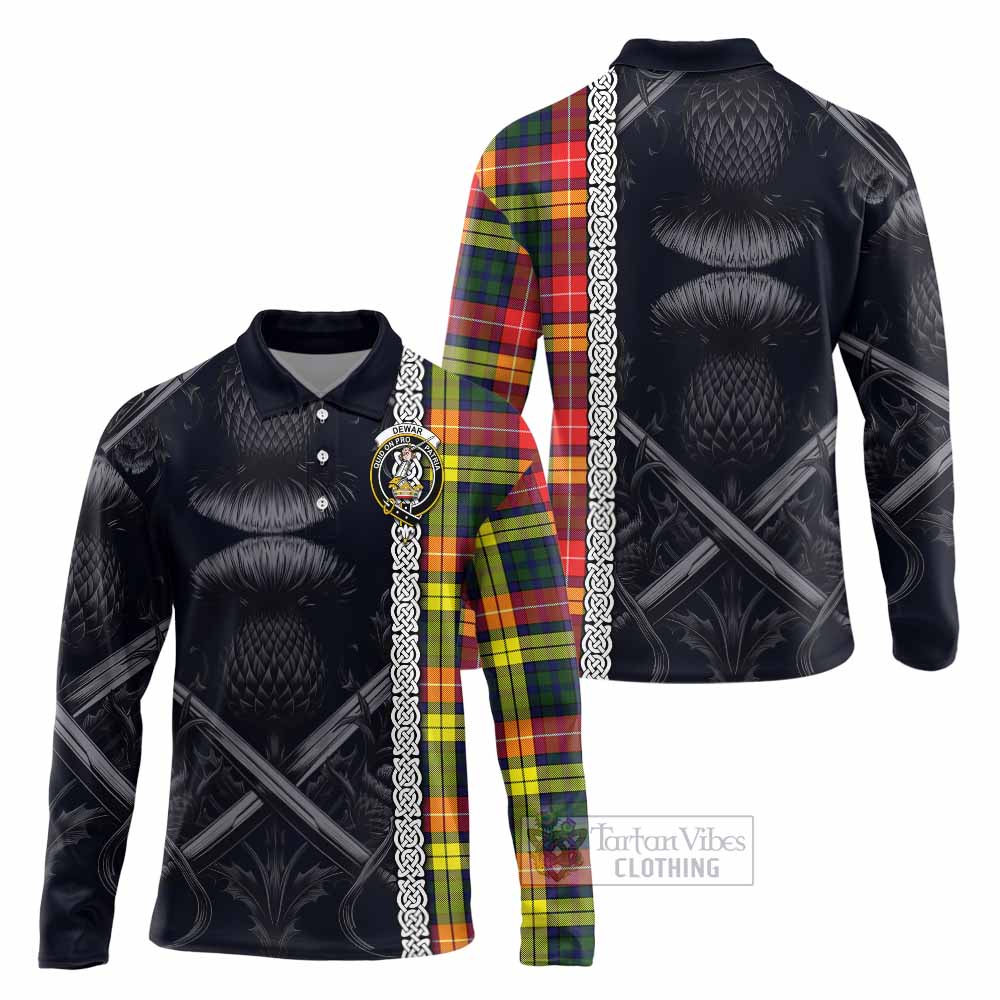 Dewar Tartan Long Sleeve Polo Shirt with Family Crest Cross Sword Thistle Celtic Vibes - Tartan Vibes Clothing