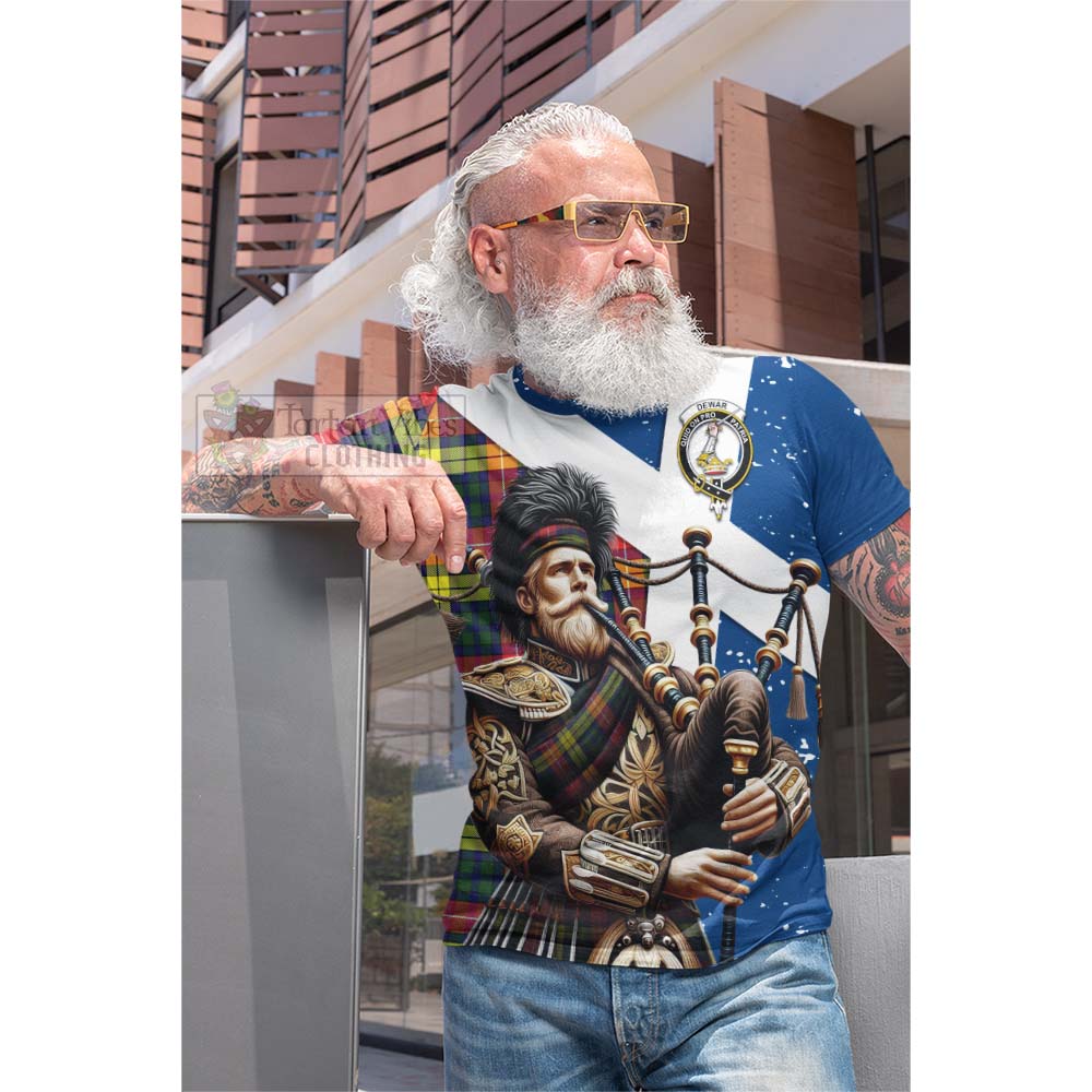 Dewar Tartan Cotton T-shirt with Family Crest Scottish Bagpiper Vibes - Tartan Vibes Clothing