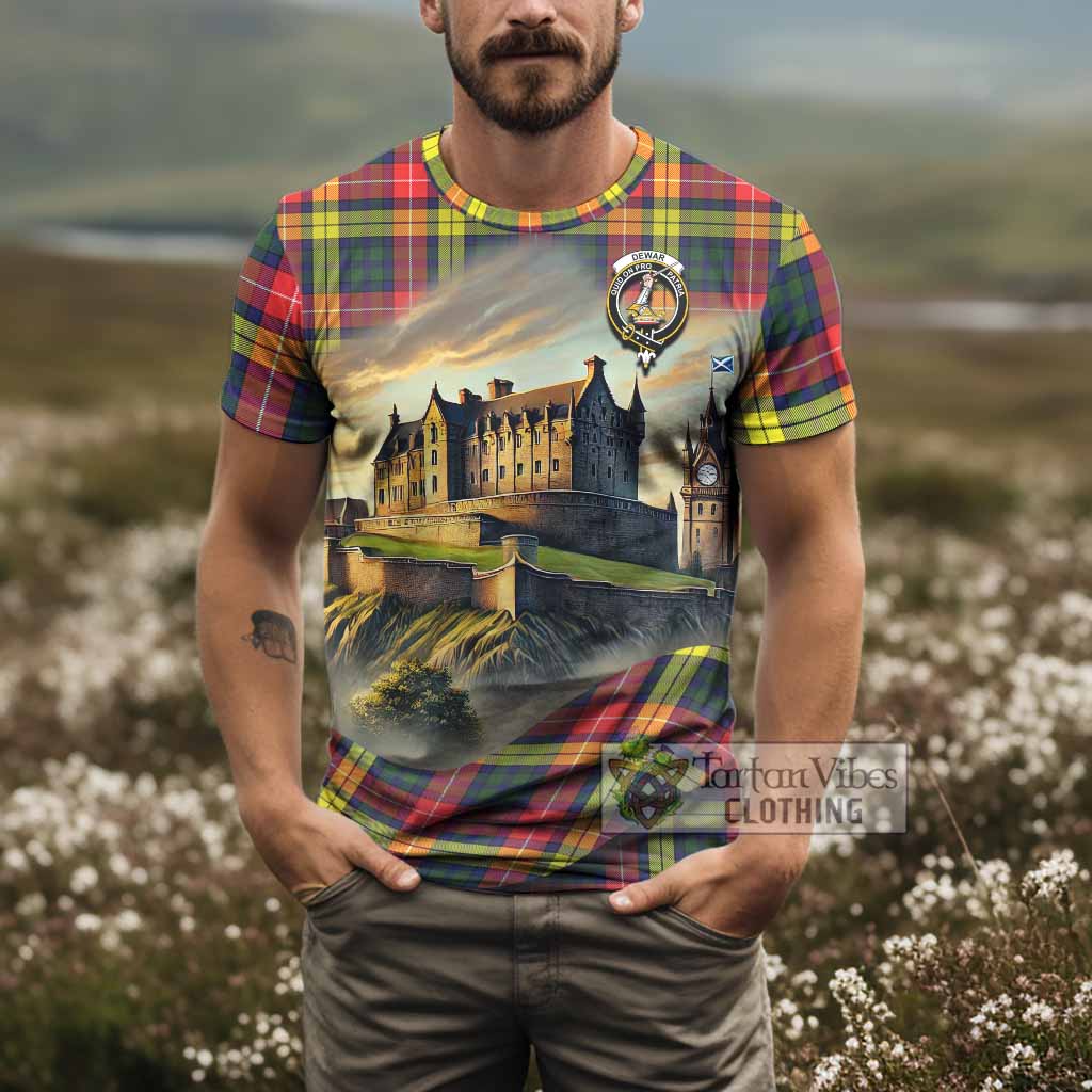 Dewar Tartan Family Crest T-Shirt with Scottish Ancient Castle Style - Tartan Vibes Clothing