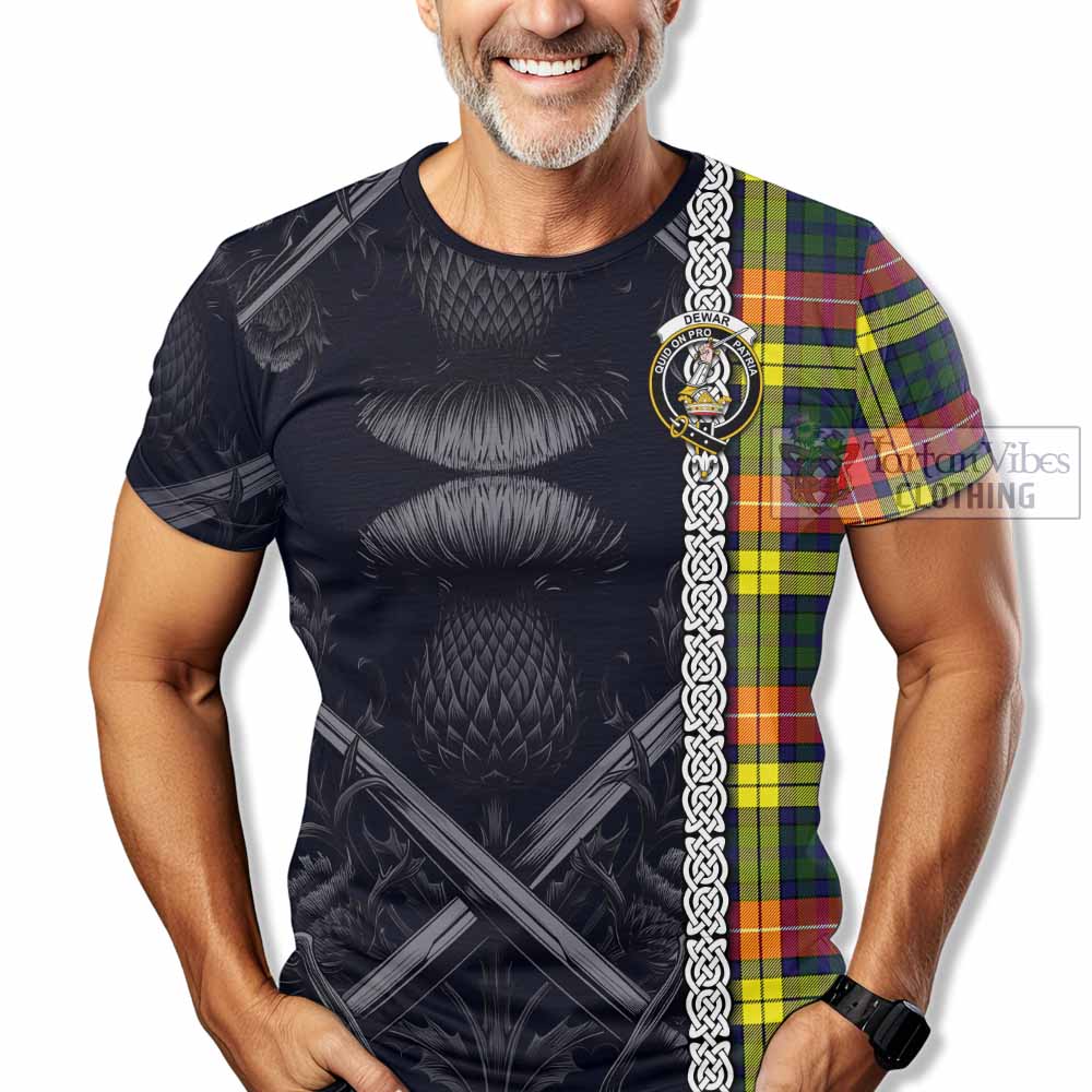 Dewar Tartan T-Shirt with Family Crest Cross Sword Thistle Celtic Vibes - Tartan Vibes Clothing