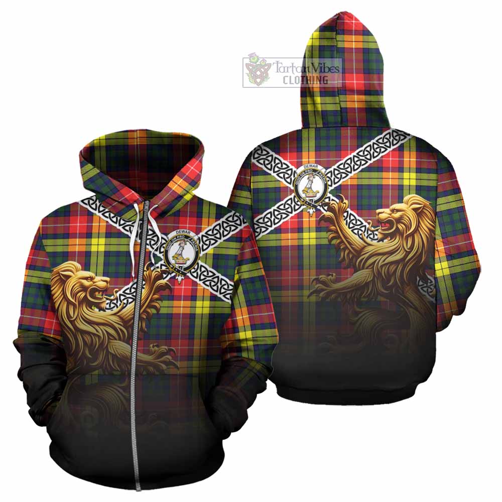 Dewar Crest Tartan Hoodie with Golden Lion Emblem Celtic Style Zip Hoodie - Tartan Vibes Clothing