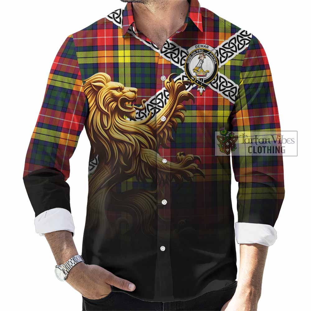 Dewar Crest Tartan Long Sleeve Button Shirt with Golden Lion Emblem Celtic Style - Tartan Vibes Clothing