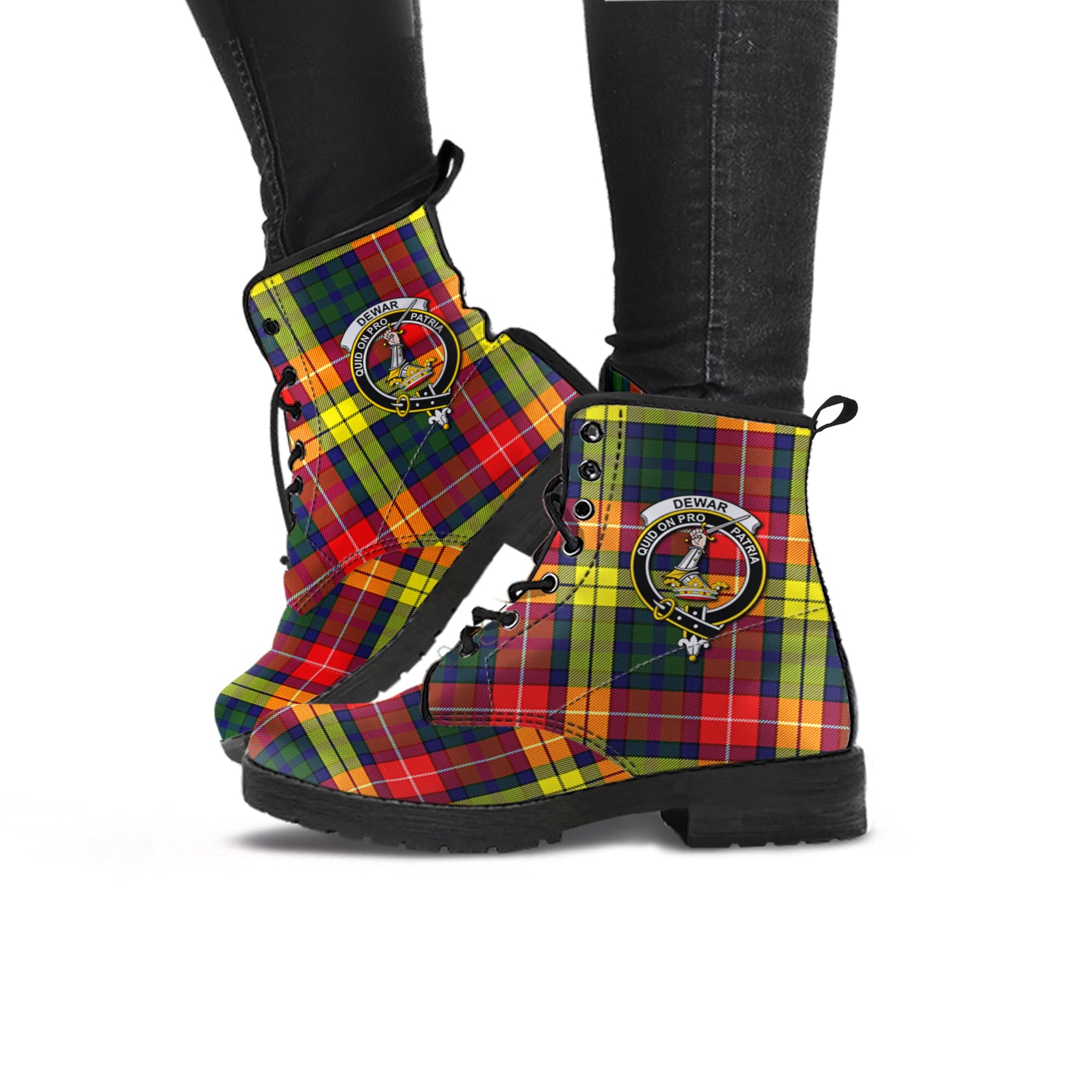 Dewar Tartan Leather Boots with Family Crest - Tartan Vibes Clothing