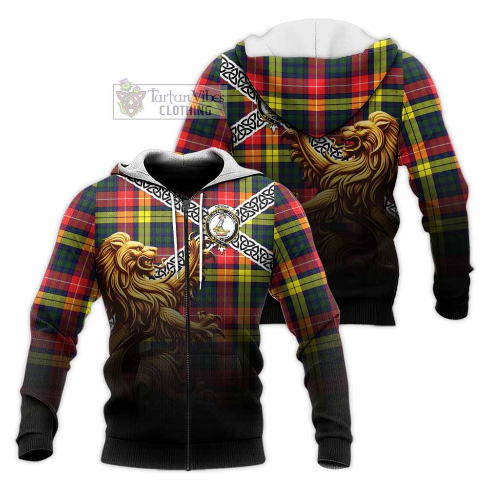 Dewar Crest Tartan Knitted Hoodie with Golden Lion Emblem Celtic Style Unisex Knitted Zip Hoodie - Tartan Vibes Clothing