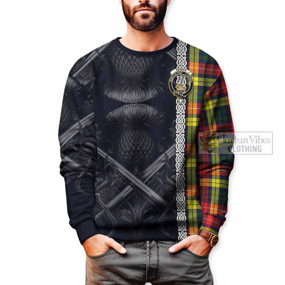 Dewar Tartan Sweatshirt with Family Crest Cross Sword Thistle Celtic Vibes - Tartan Vibes Clothing