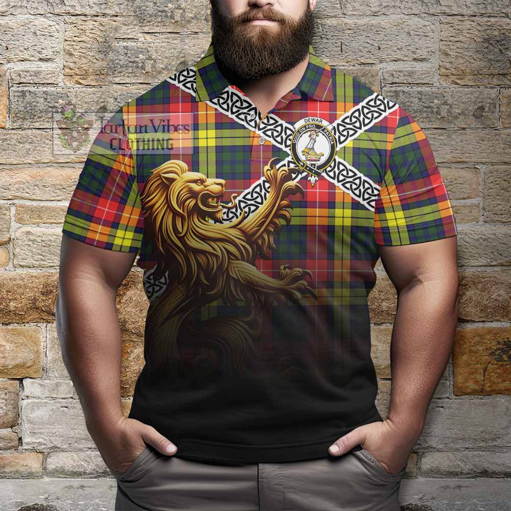 Dewar Crest Tartan Polo Shirt with Golden Lion Emblem Celtic Style - Tartan Vibes Clothing