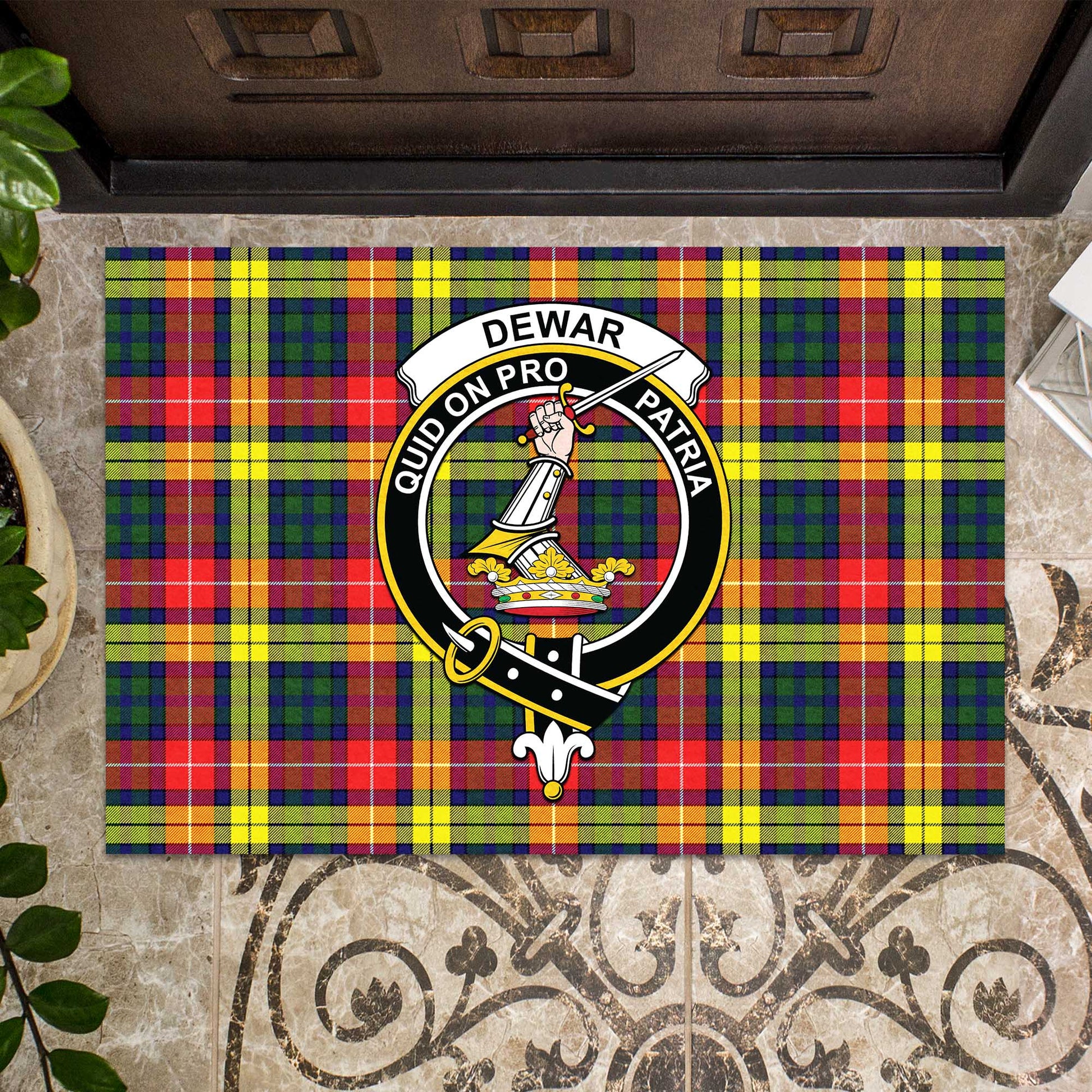 Dewar Tartan Rubber Doormat with Family Crest - Tartan Vibes Clothing
