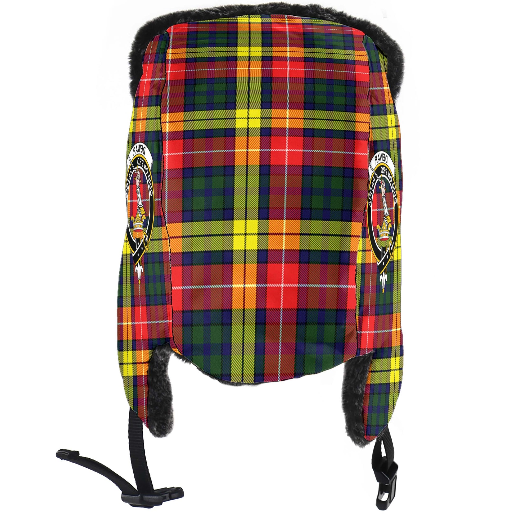 Dewar Tartan Winter Trapper Hat with Family Crest - Tartan Vibes Clothing