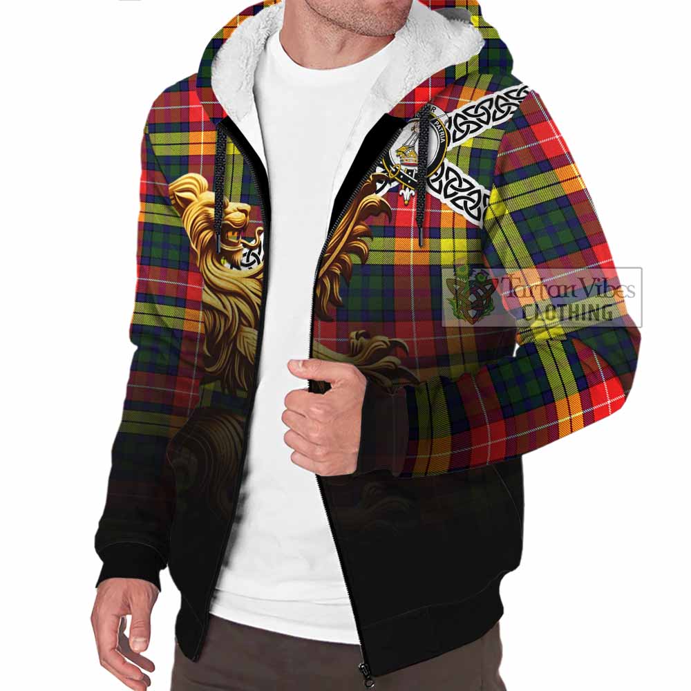Dewar Crest Tartan Sherpa Hoodie with Golden Lion Emblem Celtic Style - Tartan Vibes Clothing