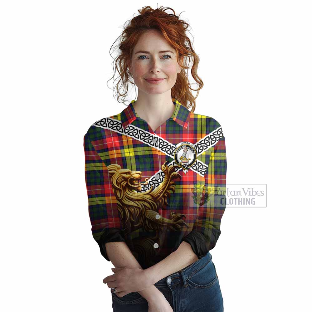 Dewar Crest Tartan Women's Casual Shirt with Golden Lion Emblem Celtic Style - Tartan Vibes Clothing
