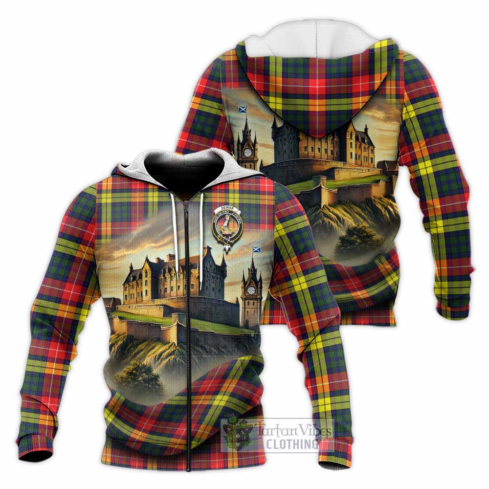 Dewar Tartan Family Crest Knitted Hoodie with Scottish Ancient Castle Style Unisex Knitted Zip Hoodie - Tartan Vibes Clothing