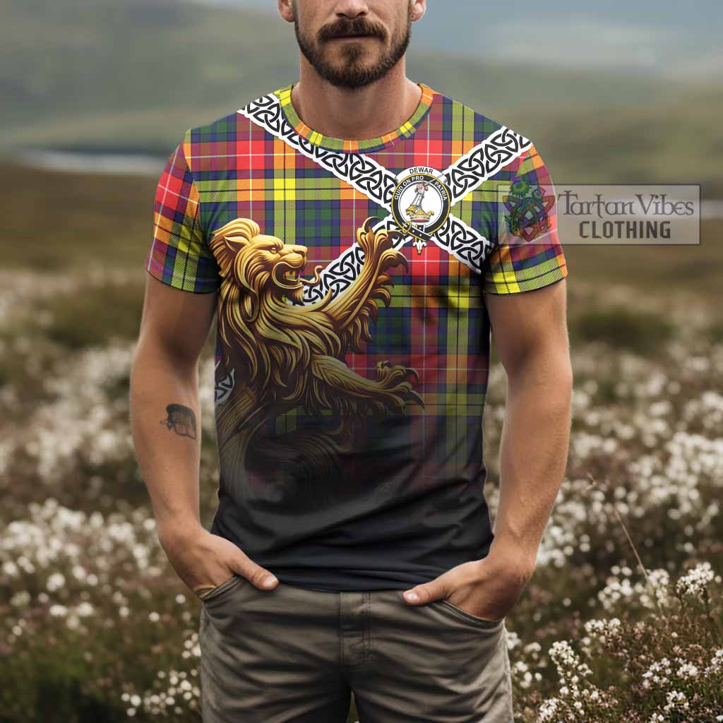 Dewar Crest Tartan T-Shirt with Golden Lion Emblem Celtic Style - Tartan Vibes Clothing